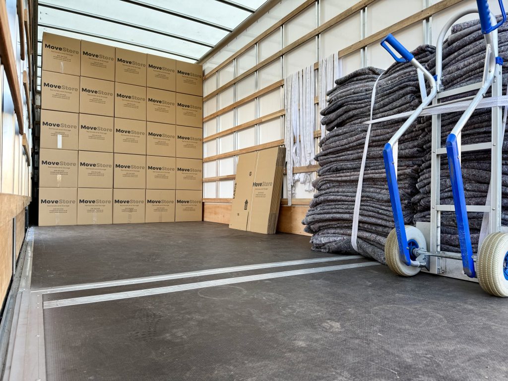 MoveStore house removal lorry set up for moving day with packing materials