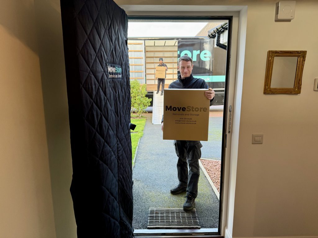 Move Store movers carrying boxes into a house