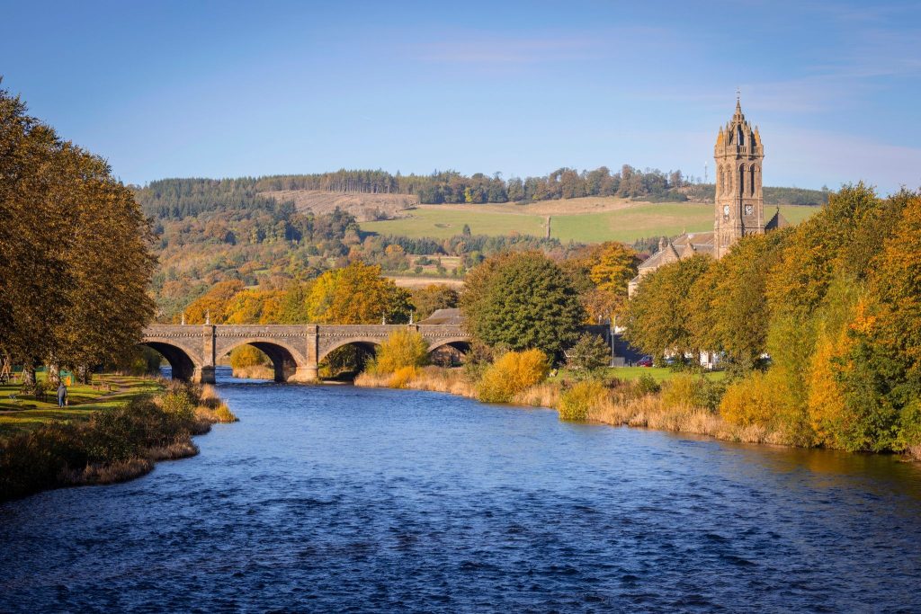 A sunny image of Peebles with the river - a Peebles removals service is offered by MoveStore Removals and Storage